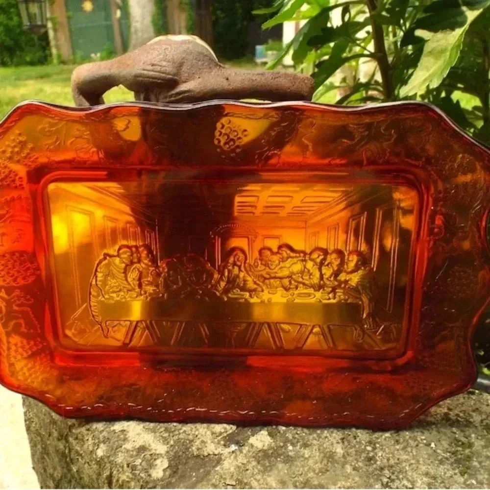 Classic Vintage Spiritual Religious The Last Supper Cadmium Glowing Glass Tray​​
